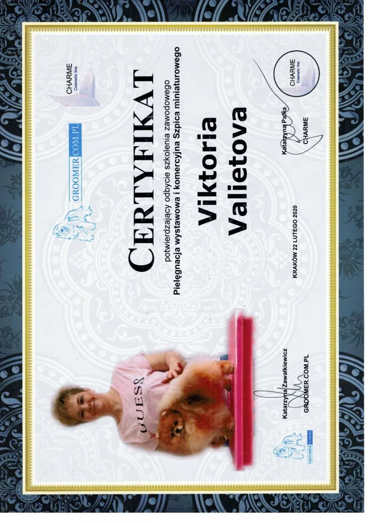 Professional Dog Grooming Certificate 1 - Vickie's Certification from Recognized Grooming Institution
