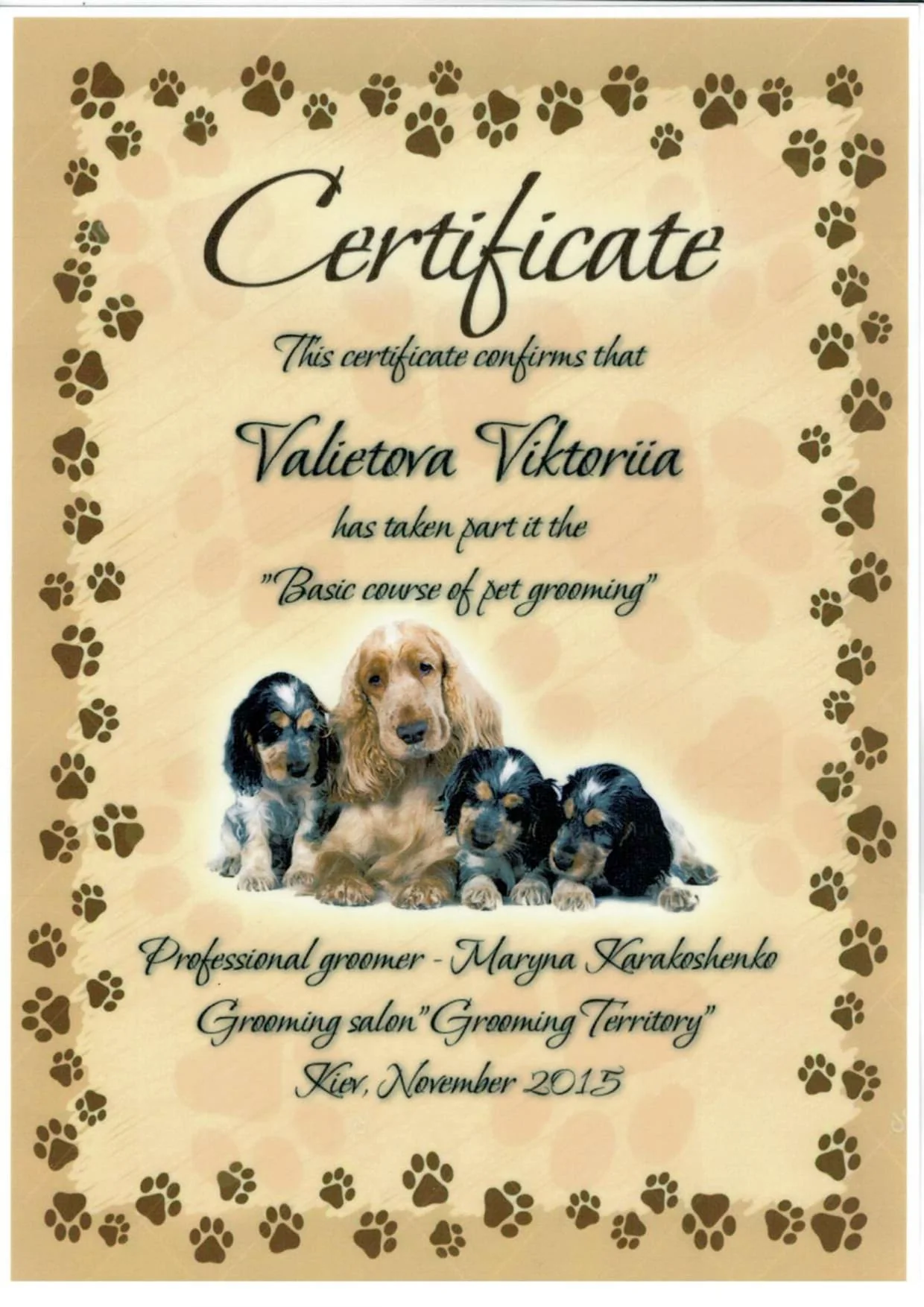 Professional Dog Grooming Certificate 6 - Vickie's Certification from Recognized Grooming Institution