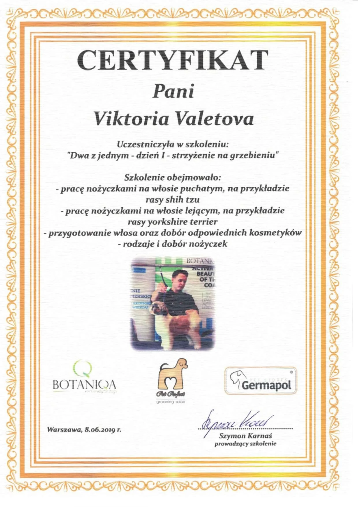 Professional Dog Grooming Certificate 8 - Vickie's Certification from Recognized Grooming Institution